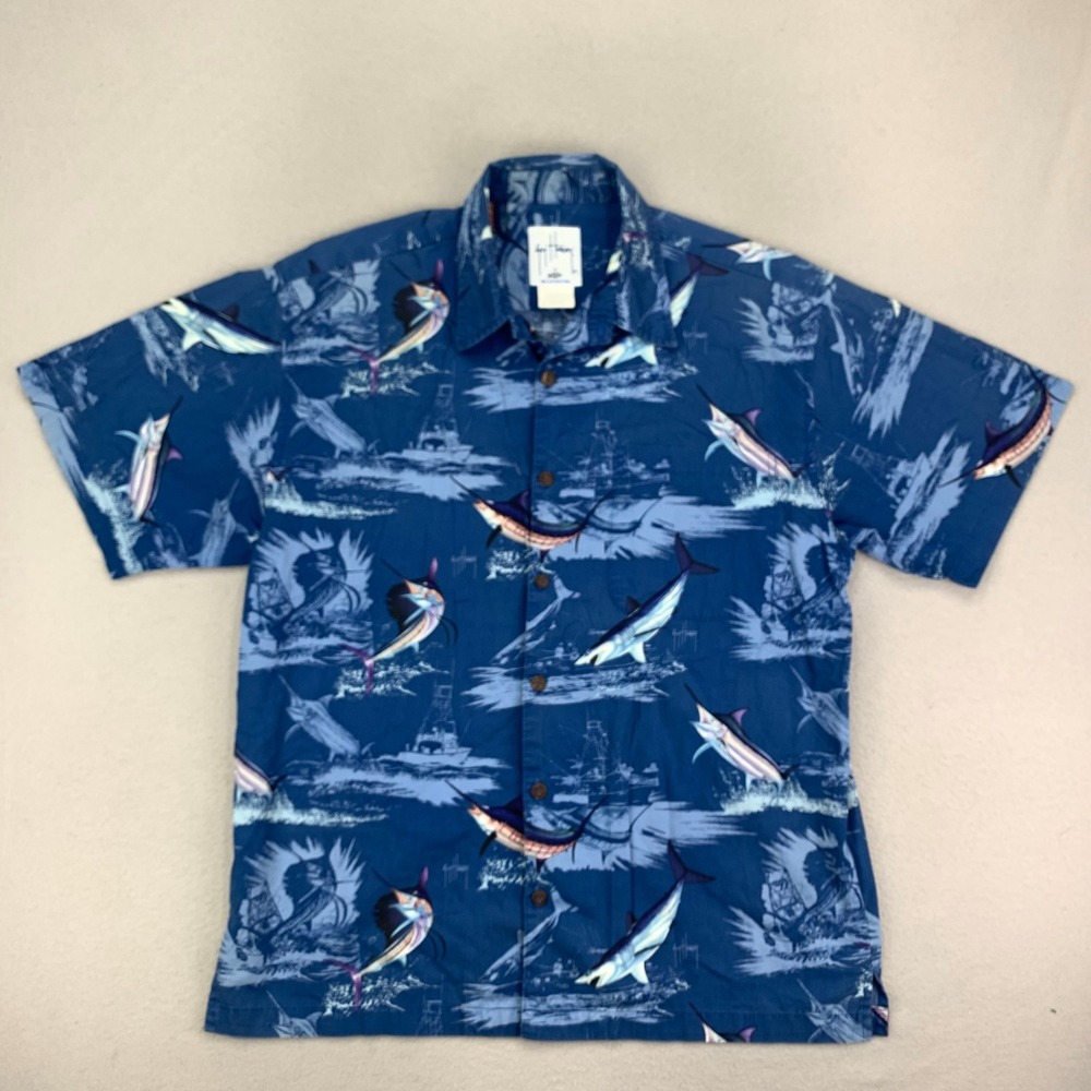 VTG Guy Harvey x AFTCO Bluewater Camp‎ Shirt Mens Large Swordfish AOP Aloha Fish